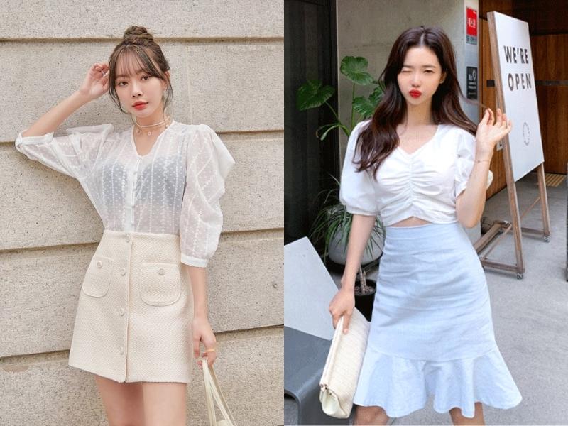 Áo tay phồng giúp bạn có outfit nữ tính hơn (Nguồn: m.shein.com và m.en.chuu.co.kr)