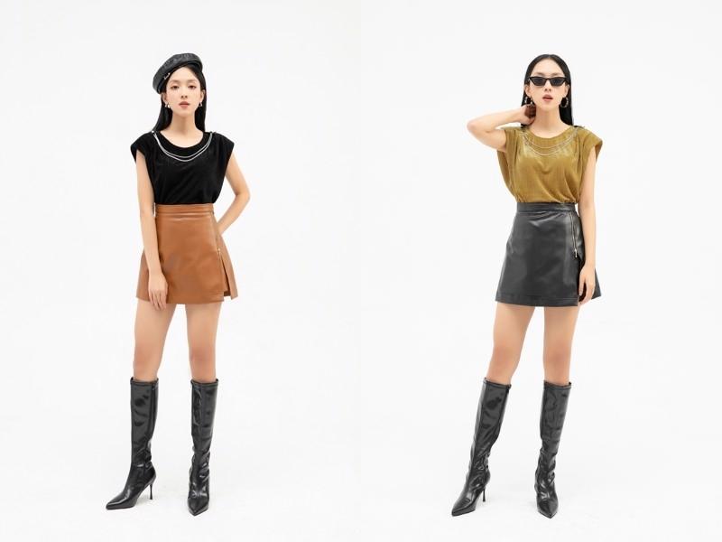 Chân váy da dáng ngắn sẽ phù hợp với các bạn nữ nấm lùn (Nguồn: NEM Fashion)