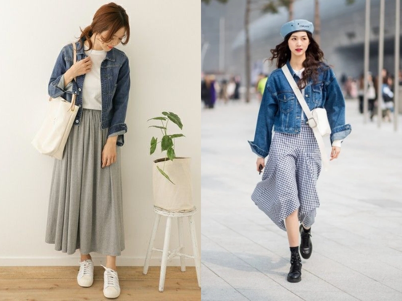 Áo khoác Denim mix cùng chân váy xòe dáng dài sẽ mang lại sự trẻ trung, năng động cho các cô nàng. (Nguồn: Shopee Blog)