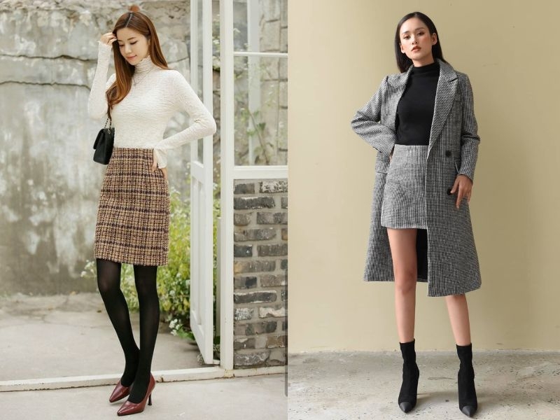 phối chân váy tweed với áo cổ lọ