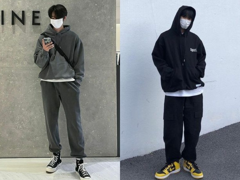 giày sneaker khi phối đồ với áo hoodie và quần jogger